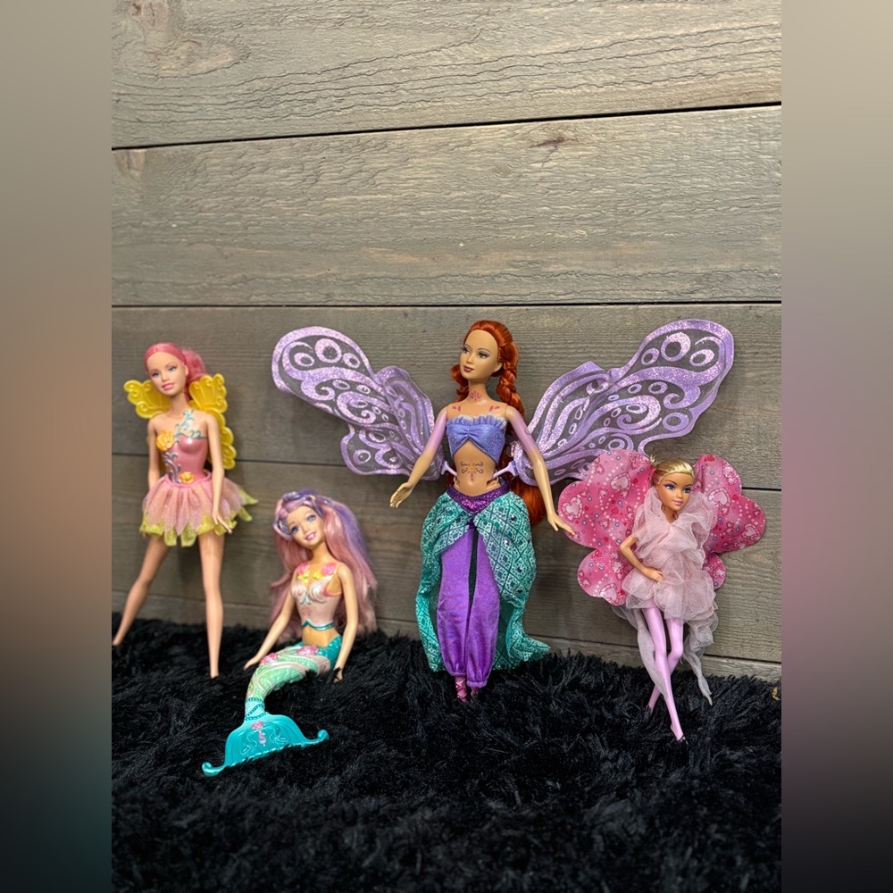 Fairy & Mermaid Doll Set of 4 with Colorful Wings Mixed Brand Good Condition
